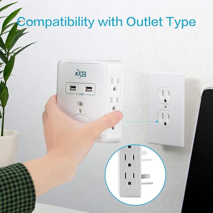 KMC Wall Surge Protector,6 Outlet Wall Mount Power Strip with 2 USB Charging Ports Total 2.4 AMP,Dual Slide-Out Smartphone Holders Design, Portable for Travel/Home/Office Use,ETL Certified