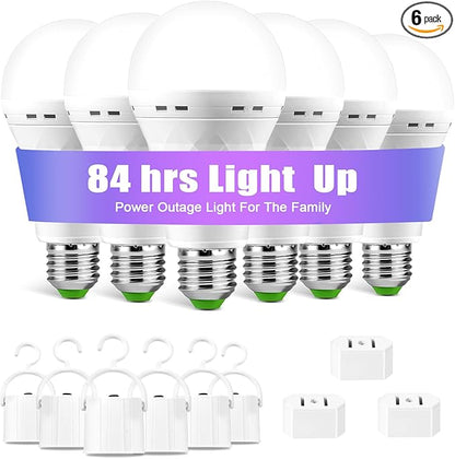 Emergency-Rechargeable-Light-Bulb, Stay Lights Up When Power Failure, 1500mAh 12W 60W Equivalent LED Light Bulbs for Home, Camping, Hiking (E27, with Hook,with Plug Cap) 6 Pack