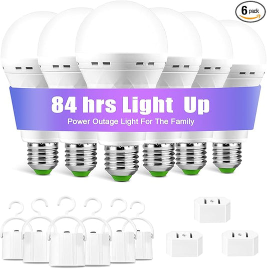 Emergency-Rechargeable-Light-Bulb, Stay Lights Up When Power Failure, 1500mAh 12W 60W Equivalent LED Light Bulbs for Home, Camping, Hiking (E27, with Hook,with Plug Cap) 6 Pack