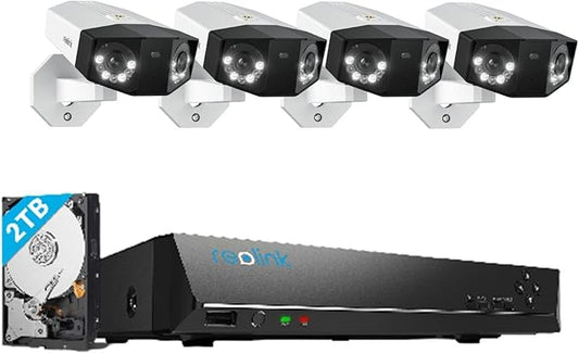 REOLINK 4K PoE Security Camera System, IP Outdoor Cameras 4X Duo 2 PoE with 1x RLN8-410 (Built-in 2TB HDD) Video Recorder