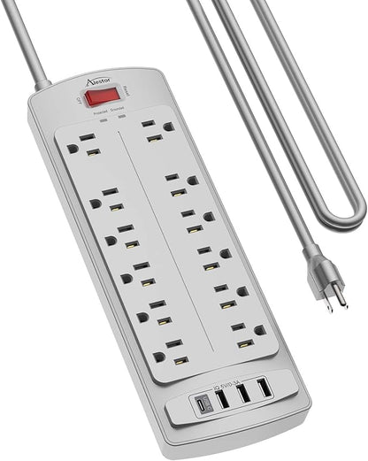 Power Strip, ALESTOR Surge Protector with 12 Outlets and 4 USB Ports, 10 Feet Extension Cord (1875W/15A), 2700 Joules, ETL Listed, Grey
