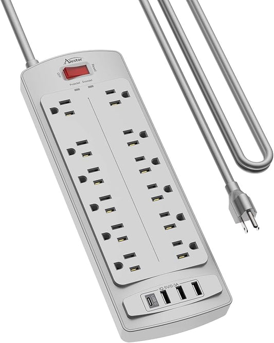 Power Strip, ALESTOR Surge Protector with 12 Outlets and 4 USB Ports, 10 Feet Extension Cord (1875W/15A), 2700 Joules, ETL Listed, Grey