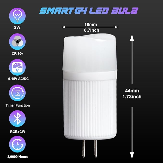 G4 LED Bulb 12V, 2W LED Light Bulb Color Changing, T3 G4 Bi Pin RGB Landscape Lights Low Voltage, Bluetooth Control Warm/Cool White&16 Million Colors for Outdoor Landscape Lighting, 1 Pack
