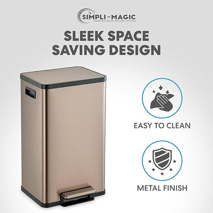 SIMPLI-MAGIC 13 Gallon/50 Liter Kitchen Trash Can, Stainless Steel Step-On Garbage Bin with Side Handles, Built-In Odor Filter Holder & Removable Inner Bucket for Kitchen & Office & Bedroom, Rose Gold