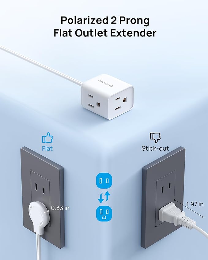 TROND Polarized 2 Prong to 3 Prong Flat Outlet Adapter with 6 Inch Cord, No Blocking 3 Way Flat Plug Outlet Extender Behind Furniture, For Non-ground Socket in Old House Home Office Travel, White