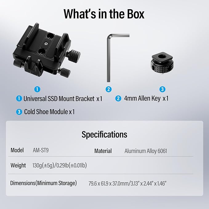 Sirui SSD Mount Bracket, SSD Holder with Cold Shoe and USB-C Cable Clamp for Samsung T7 T5, for SanDisk, Compatible with Camera Cage for BMPCC 4K 6K, for Z Cam E2, for Sigma fp, AM-ST9