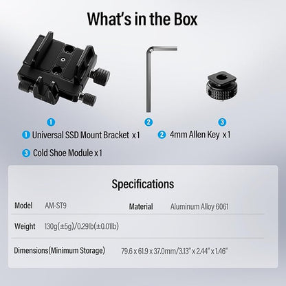Sirui SSD Mount Bracket, SSD Holder with Cold Shoe and USB-C Cable Clamp for Samsung T7 T5, for SanDisk, Compatible with Camera Cage for BMPCC 4K 6K, for Z Cam E2, for Sigma fp, AM-ST9
