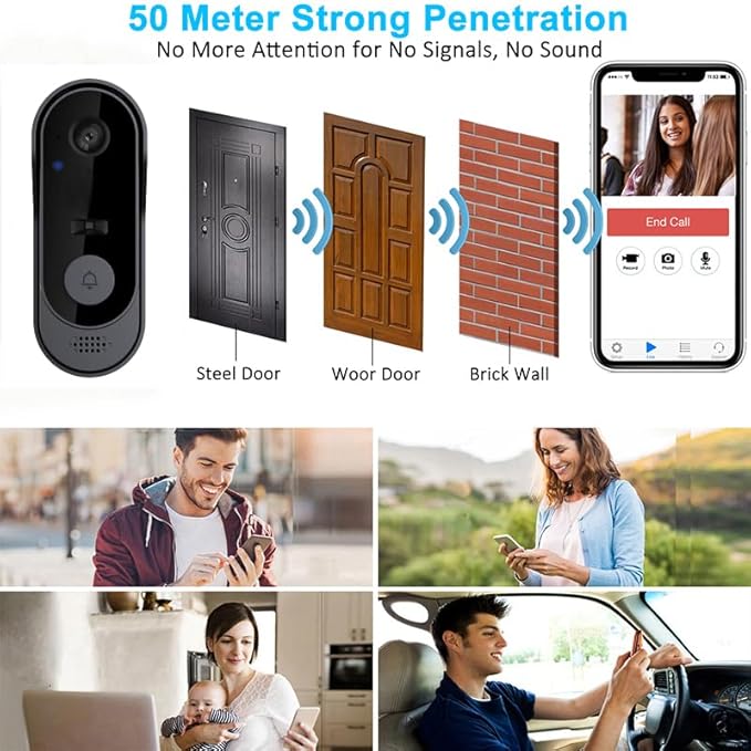 Doorbell Camera Wireless No Subscription, 1080p Video Doorbell with Chime, 2-Way Audio, Night Vision, 2.4G Wi-Fi, Indoor Outdoor