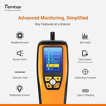 Temtop Advanced Air Quality Monitor for CO2, PM2.5, PM10, with Audio Alarm, Temp & Humidity Insights, Plus Data Export for in-Depth Analysis, M2000C 2ND