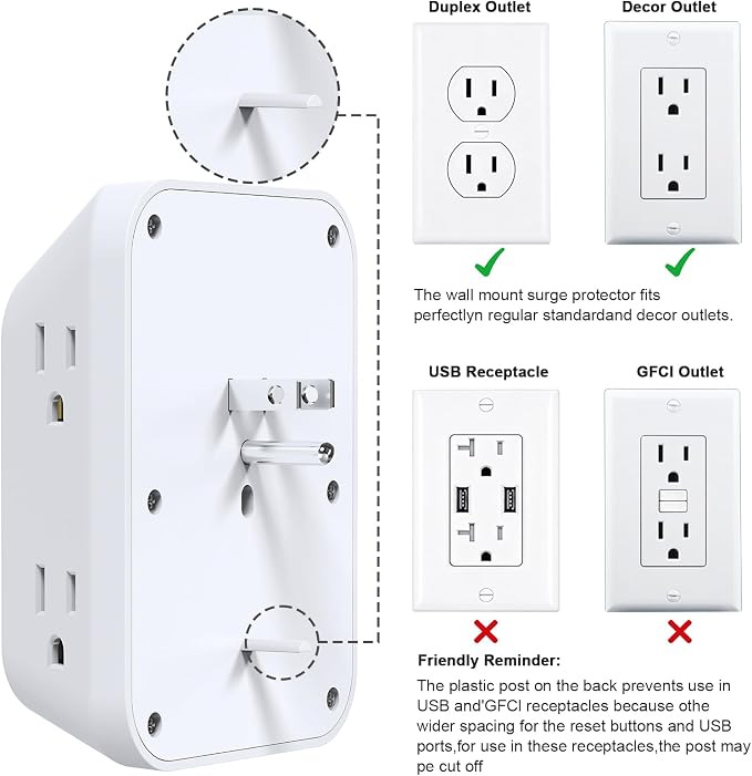 Multi Plug Wall Outlets, 6-Port Outlet Extender with 4 Charging USB Ports (2 USB A, 2 USB C), 4 Sided 1050J Surge Protector wall Plug Adapter Reserved for Home Travel and Office use