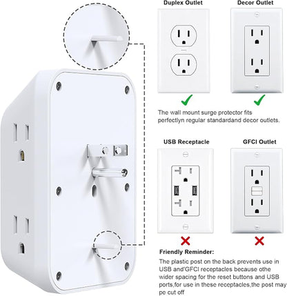 Multi Plug Wall Outlets, 6-Port Outlet Extender with 4 Charging USB Ports (2 USB A, 2 USB C), 4 Sided 1050J Surge Protector wall Plug Adapter Reserved for Home Travel and Office use