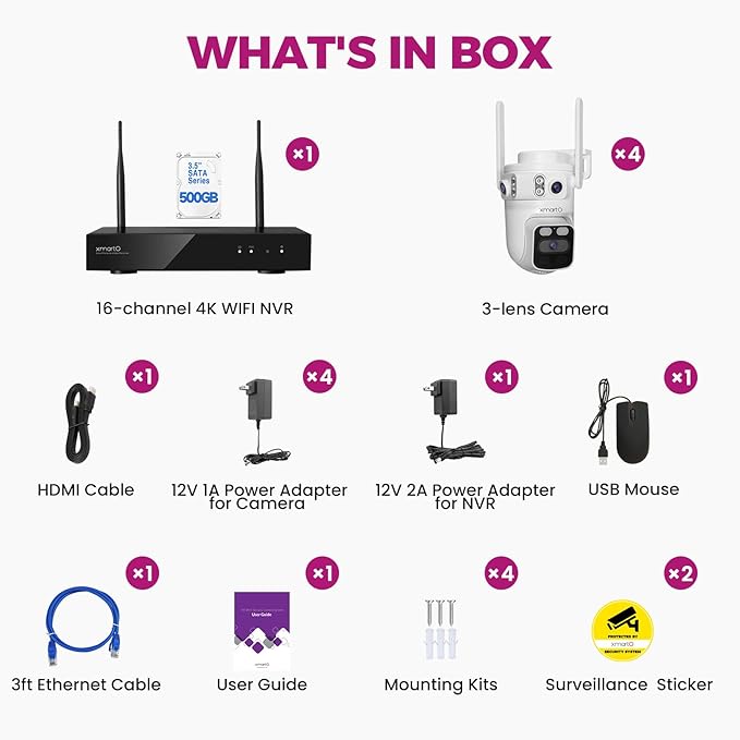 XMARTO 6MP Tri-Lens 4-Cam 500GB WiFi Mesh Security Camera System,16CH 4K H.265 WiFi-Inside NVR,360°PTZ AI Tracking,3-View/Cam,Long Range Wireless,Plug-in 24/7 Home Surveillance,Local & Mobile View