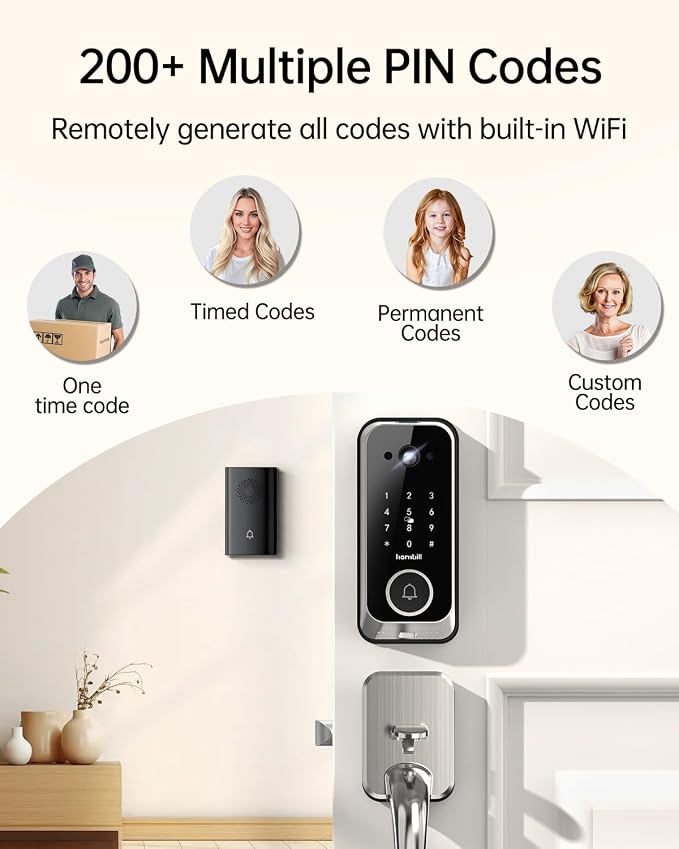 Smart Front Door Lock Sets: 2K HD Camera Lock with Doorbell Kits, Hornbill Fingerprint Keyless Entry Door Lock with Handles, WiFi Deadbolt (only 2.4G) for Remote Control, Auto Lock,Satin Nickel