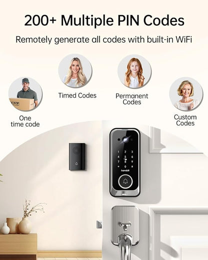 Smart Front Door Lock Sets: 2K HD Camera Lock with Doorbell Kits, Hornbill Fingerprint Keyless Entry Door Lock with Handles, WiFi Deadbolt (only 2.4G) for Remote Control, Auto Lock,Satin Nickel