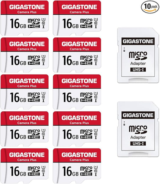 GIGASTONE 16GB Micro SD Card 10-Pack, Camera Plus, MicroSDHC Memory Card for Wyze Cam, Security Camera, Full HD Video Recording, UHS-I U1 Class 10, up to 85MB/s, with MicroSD to SD Adapter