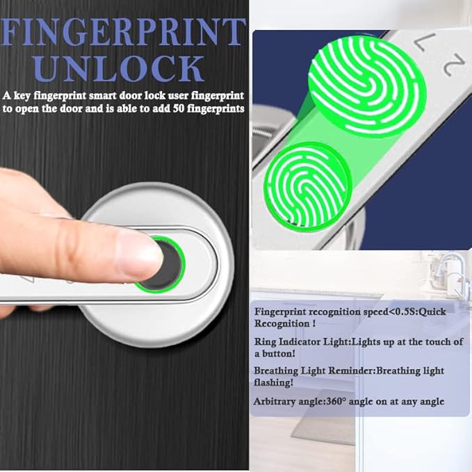 Smart Fingerprint Door Lock, Keyless Entry Door Lock with APP - Cards - Backup Key - Fingerprints - Codes, Biometric Door Lock for Bedroom Hotel Office Apartment and More