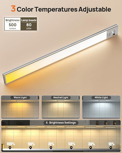 Under Cabinet Lighting Wireless, 16 inch LED Motion Sensor Light Indoor, Rechargeable Closet Lights with Remote, 3 Color Temps, Dimmable, Magnetic Under Counter Lights for Kitchen, Stairs, 4 Pack