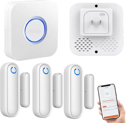 Door Chime with Phone App,WiFi Door Open Contact Sensor Alarm Chime with 600 FT Range,WiFi Door Ringer Alert for Business/Store/Home/Office When Enter (Three Sensor One Gateway)