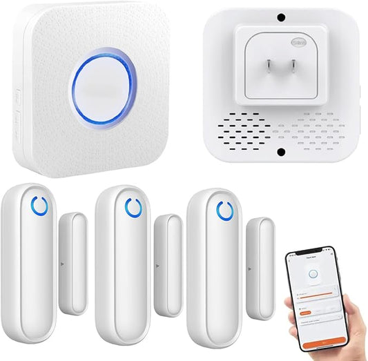 Door Chime with Phone App,WiFi Door Open Contact Sensor Alarm Chime with 600 FT Range,WiFi Door Ringer Alert for Business/Store/Home/Office When Enter (Three Sensor One Gateway)