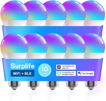 Smart Light Bulbs,Full Color Changing Dimmable LED Bulb,Compatible with Alexa and Google Assistant,UL FCC Certified,2.4GHz WiFi+Bluetooth LED Light Bulbs, Music Sync Smart Home Lighting (10)