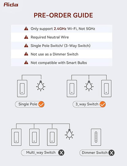 AIDA Smart Light Switch, 3 Way WiFi Smart Switch, Compatible with Alexa and Google Home, Neutral Wire Required, 2.4Ghz WiFi Switch for LED, CFL, Incandescent Bulbs, No Hub Required, White, 1 Pack