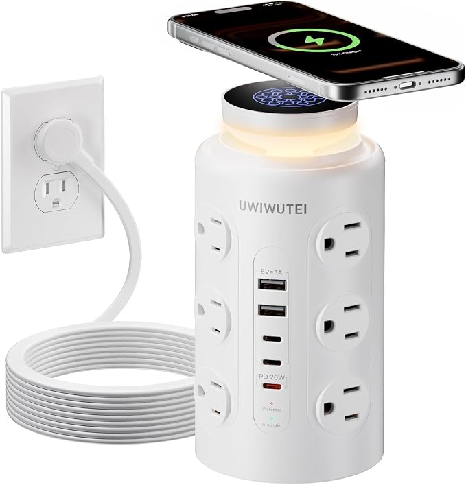 Tower Power Strip with Wireless Charging & Night Light - PD20W Fast Charging Station,12 Outlets, 5 USB (3 USB-C),1800J Protection, 10FT Extension Cord, Home Office Essentials(White)