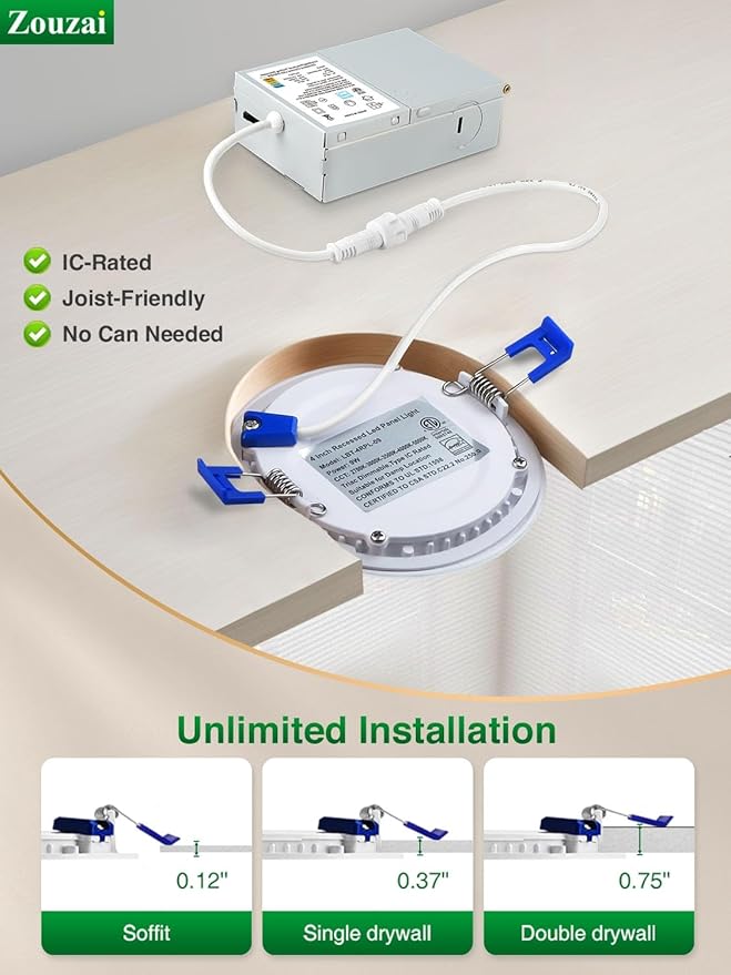 zouzai 20 Pack 4 Inch Ultra-Thin LED Recessed Ceiling Light with Junction Box 5CCT Adjustable Dimmable Can-Killer Downlight - ETL and Energy Star Certified