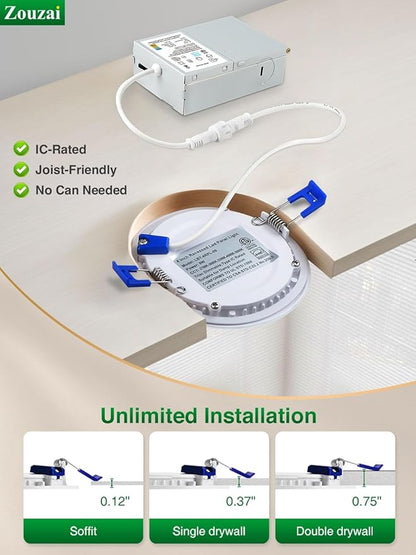 zouzai 24 Pack 4 Inch Ultra-Thin LED Recessed Ceiling Light with Junction Box, 5000K Daylight, 9W 80W Eqv, Dimmable Can-Killer Downlight, 810LM High Brightness - ETL and Energy Star Certified