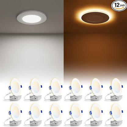 VOLISUN 12 Pack 3 Inch 5CCT Recessed Light with Night Light, Canless LED Recessed Lighting 3 inch, 2700K-5000K Selectable, 500LM Dimmable Recessed Ceiling Wafer Light, ETL Certificated