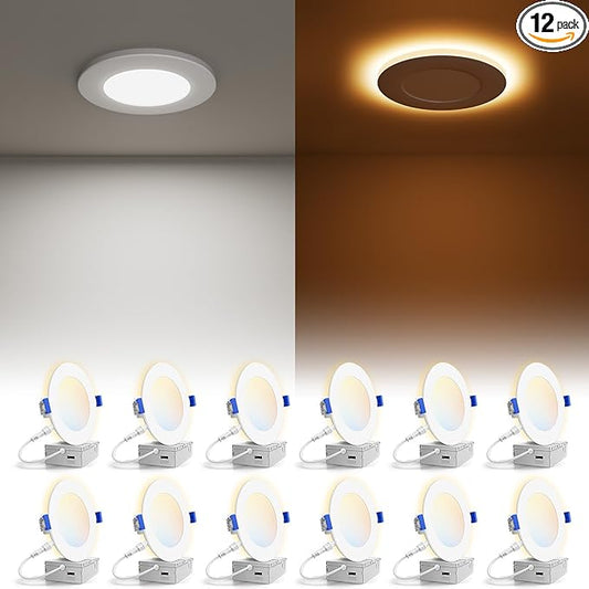 VOLISUN 12 Pack 3 Inch 5CCT Recessed Light with Night Light, Canless LED Recessed Lighting 3 inch, 2700K-5000K Selectable, 500LM Dimmable Recessed Ceiling Wafer Light, ETL Certificated