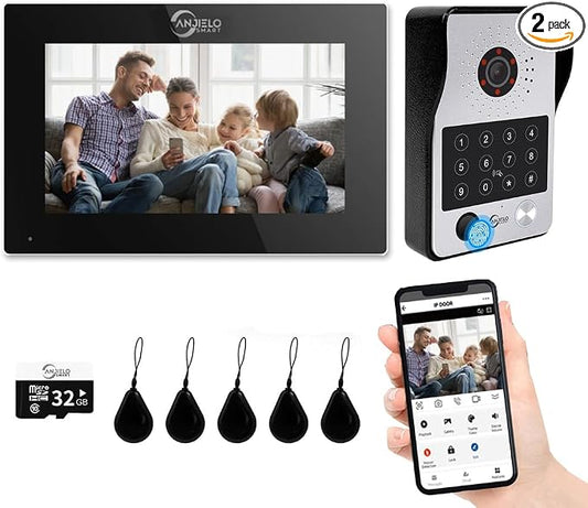 ANJIELO SMART Wired Video Door Phone Apartment Intercom System,7 Inch Touch Monitor with 1080P HD Camera Doorbell,Supporting Fingerprint,RFID Card,Password Unlocking for Home Villa,Tuya