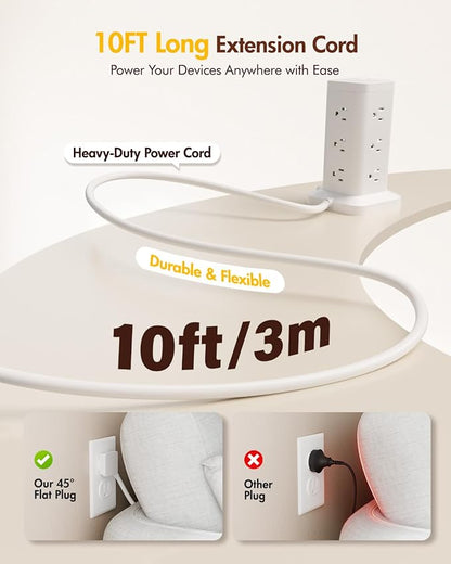 2Pack Power Strip Tower with Surge Protector 1800J, Fast Charging Tower PD20W USB-C Ports with 12 AC Outlets, 10ft Extension Cord for Home Office Dorm Room, White