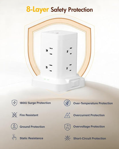 2Pack Power Strip Tower with Surge Protector 1800J, Fast Charging Tower PD20W USB-C Ports with 8 AC Outlets, 10ft Extension Cord for Home Office Dorm Room, White