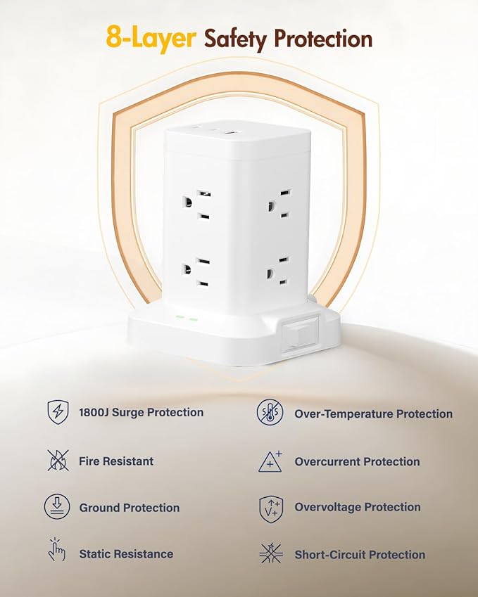 Power Strip Tower with Surge Protector 1800J, Fast Charging Tower PD20W USB-C Ports with 8 AC Outlets, 10ft Extension Cord for Home Office Dorm Room, White