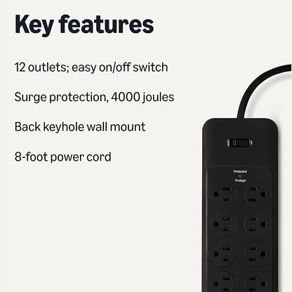 Amazon Basics 12-Outlet Surge Protector Power Strip, 4000 Joules, 8ft Extension Cord, Rectangle, for Home, Office, Gaming Room, Black (Pack of 2)