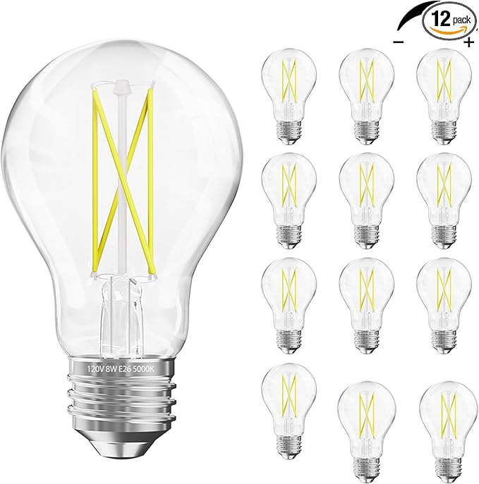 DAYBETTER 12 Pack A19 Vintage LED Edison Bulbs, 60W Equivalent Dimmable LED Bulbs, High Brightness 5000K Daylight, 800 Lumens, 8W E26 Standard Base, Ultra-Bright, CRI80+, Clear Glass Filament Bulb