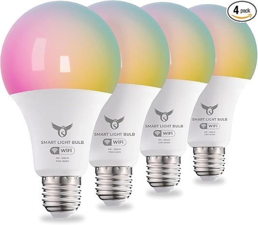 Smart Light Bulbs, 16 Million RGBCW/WW LED Light Bulbs, Music Sync, Bluetooth and Wi-Fi, App Control, A19 E26 9W (60W Equivalent), 806LM, 4 Pack