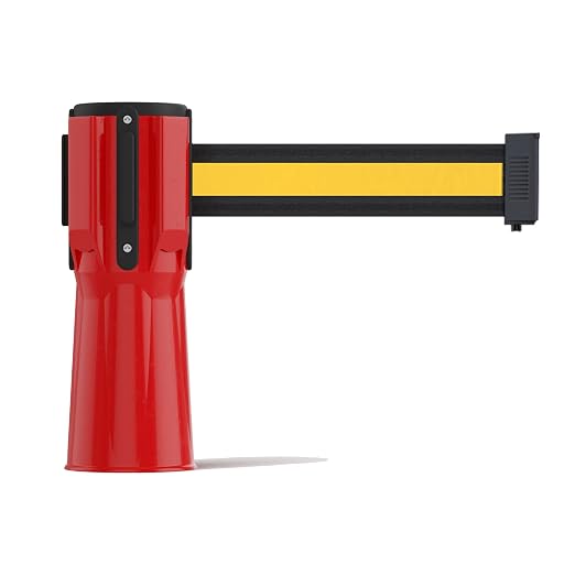 Trafford Industrial 11 ft Cone-Mounted Retractable Belt Barrier Red Case with Black with Yellow Horizontal Stripe Belt
