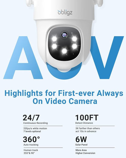 Solar Camera Security Outdoor - AOV 24/7 Recording Security Cameras Wireless Outdoor with 360° View, Human Auto Tracking, 2K Night Vision, Compatible with Alexa/Google Assistant (2 Pack)