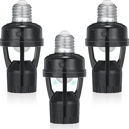 Hortsun 3 Pcs Motion Sensor Light Socket Smart Screw in Light Bulb Outlet Compatible with E26/e27 Automatic on Off Night Light Control for Basement Basement Porch Storage Room, Black