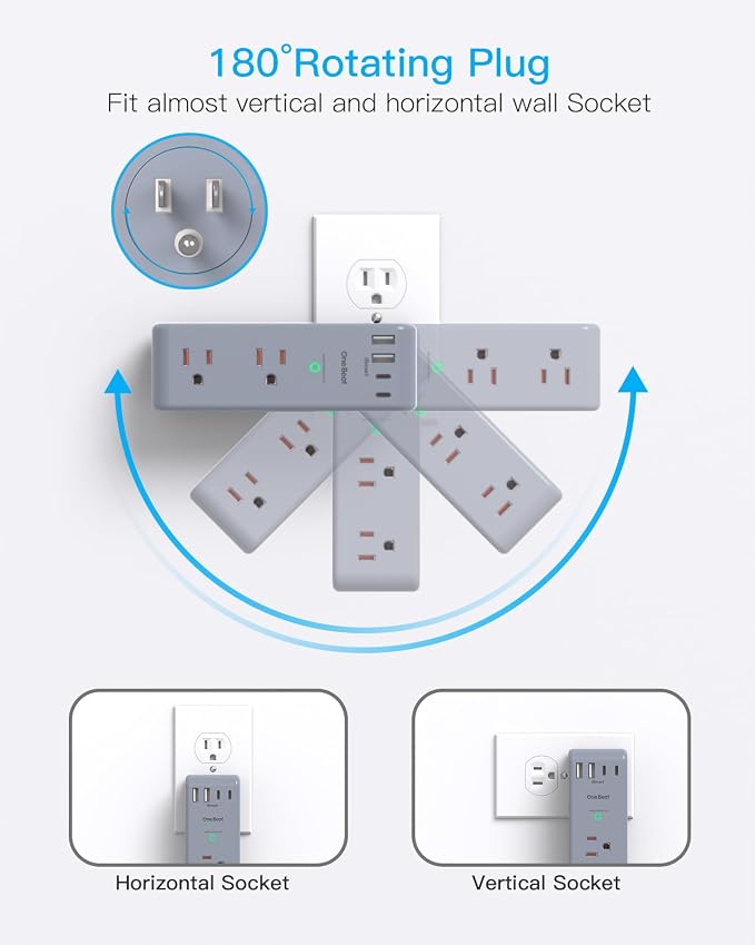 Surge Protector Outlet Extender, Multi Plug Wall Outlet, Rotating Plug,Grey