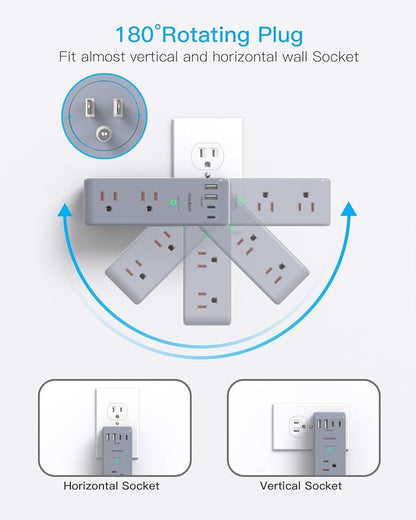 Surge Protector Outlet Extender, Multi Plug Wall Outlet, Rotating Plug,Grey