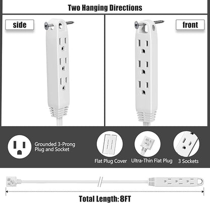 CABOCASA 2 Pack 8FT Ultra Flat Plug Extension Cord Power Strip with 3 Outlets, Patented Detachable Ultra-Thin Outlet Cover Concealer & Ultra-Flat Plug, Max. 13A 125V 1625W ETL Listed, White Color