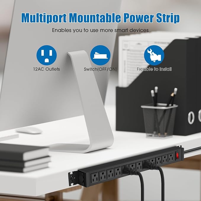 HHSOET Rotating 12 Outlet Surge Protector Power Strip, 1200J, 3FT, Black, 1 | Metal Heavy Duty and Versatile Outlet Strip, Mountable Power Strip Suitable for Households Offices Industries