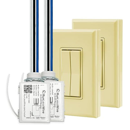 RunLessWire 3-Way Fan & Light Battery-Free DIY Kinetic Wireless Light Switch Kit for Bathrooms & Ceiling Fans: 2 Dual Remote Switches, Both Control 2 5A On/Off Receivers Separately Ivory