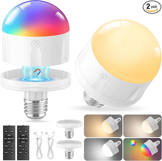 10000mAh Rechargeable Light Bulbs with Remote: E26 Led Battery Operated Light Bulb with 10 Colors & Timer for Sconces & Lamps - Dimmable Cordless Magnetic Bulbs with Remote for Non-Hardwired Fixture