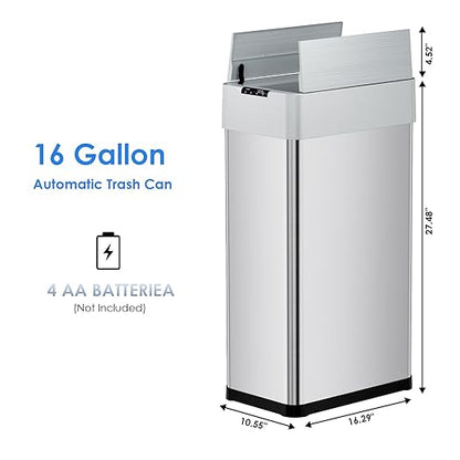 Automatic Trash Can,16 Gallon Touchless Motion Sensor Trash Bin, Smart Garbage Can with Soft-Close Lid, Bag Retainer Ring and Display Light,for Kitchen,Living Room Office (Silver, 60L)