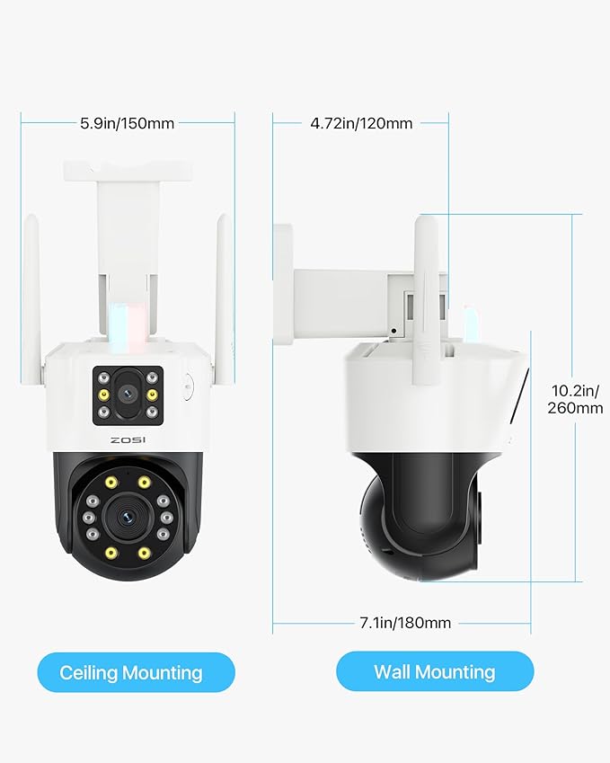 ZOSI C298 Max 4K 8MP Dual-Lens(2x4MP) Wired WiFi PTZ Plug-in Security Camera Outdoor, Wide Angle, 2.4GHz 360 Camera, 8X Hybrid Zoom, Person/Vehicle Detect, Color Night Vision, Spotlight Siren