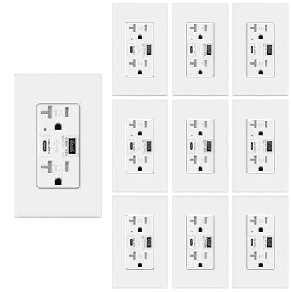 USB C + A Outlet 4.8A 24W Wall Receptacle Fast Charging 20 Amp Commercial, Tamper Resistant Wall Plate Included UL Listed Not for Laptops Type C Micmi White 10 Pack