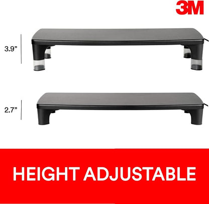 3M Monitor Computer Stand, 21.6 in x 9.4 in, 4 Port USB Hub | Height Adjustable Monitor Riser For Desk, Office, Home With Underneath Storage Space, No Skid